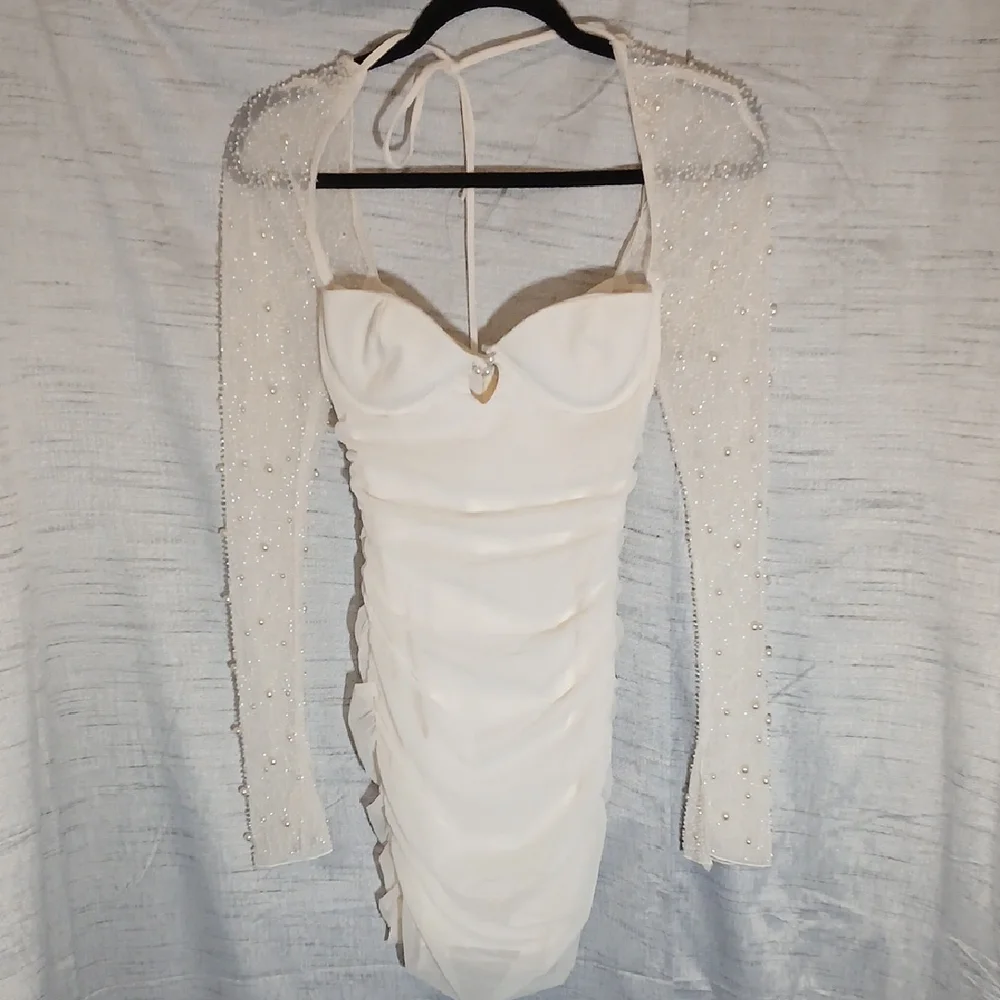 Oh Polly ST. Germain Embellished Long-Sleeve Mini White Dress Sz 0 - Picture 4 of 10